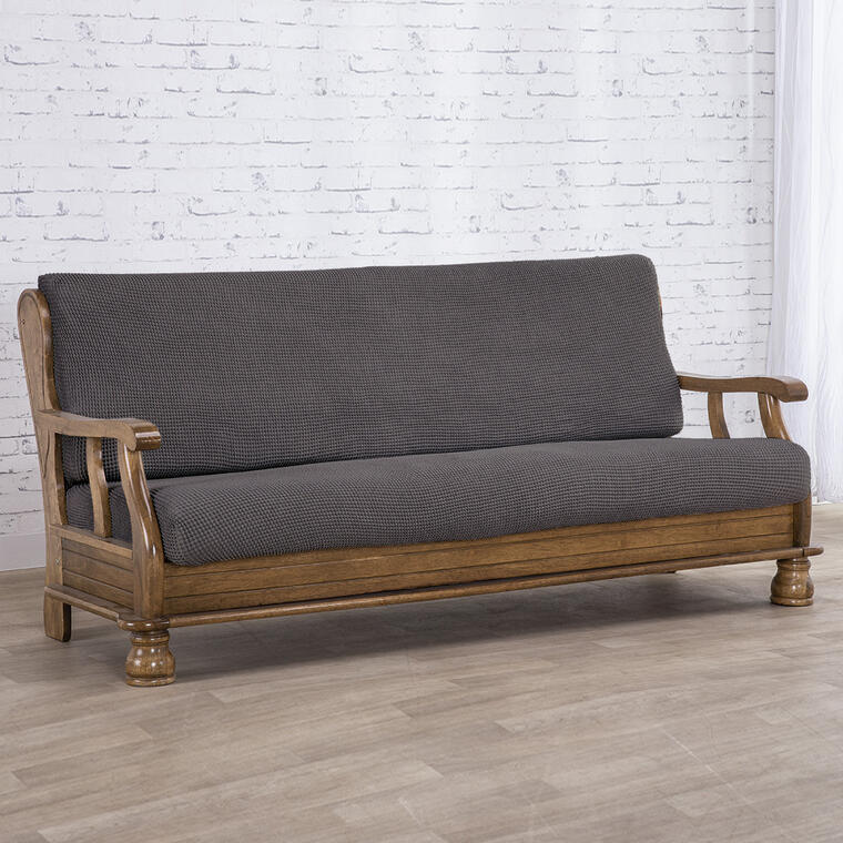 Super strečové potahy NIAGARA antracitová, trojkřeslo s dřevěnými rukojeťmi (š. 160 - 200 cm)