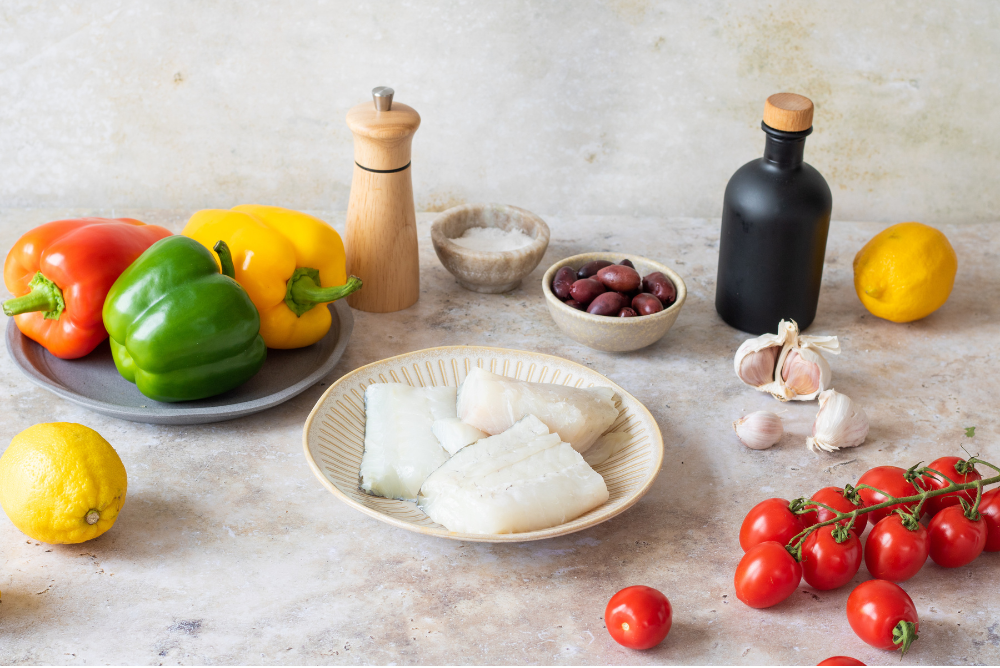 Suroviny na pečenou tresku se zeleninou